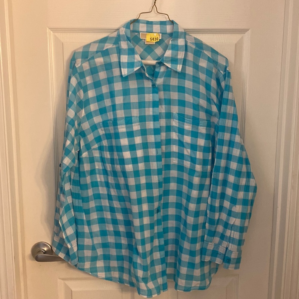 2X Micheal Kors Aqua & White Checkered Top